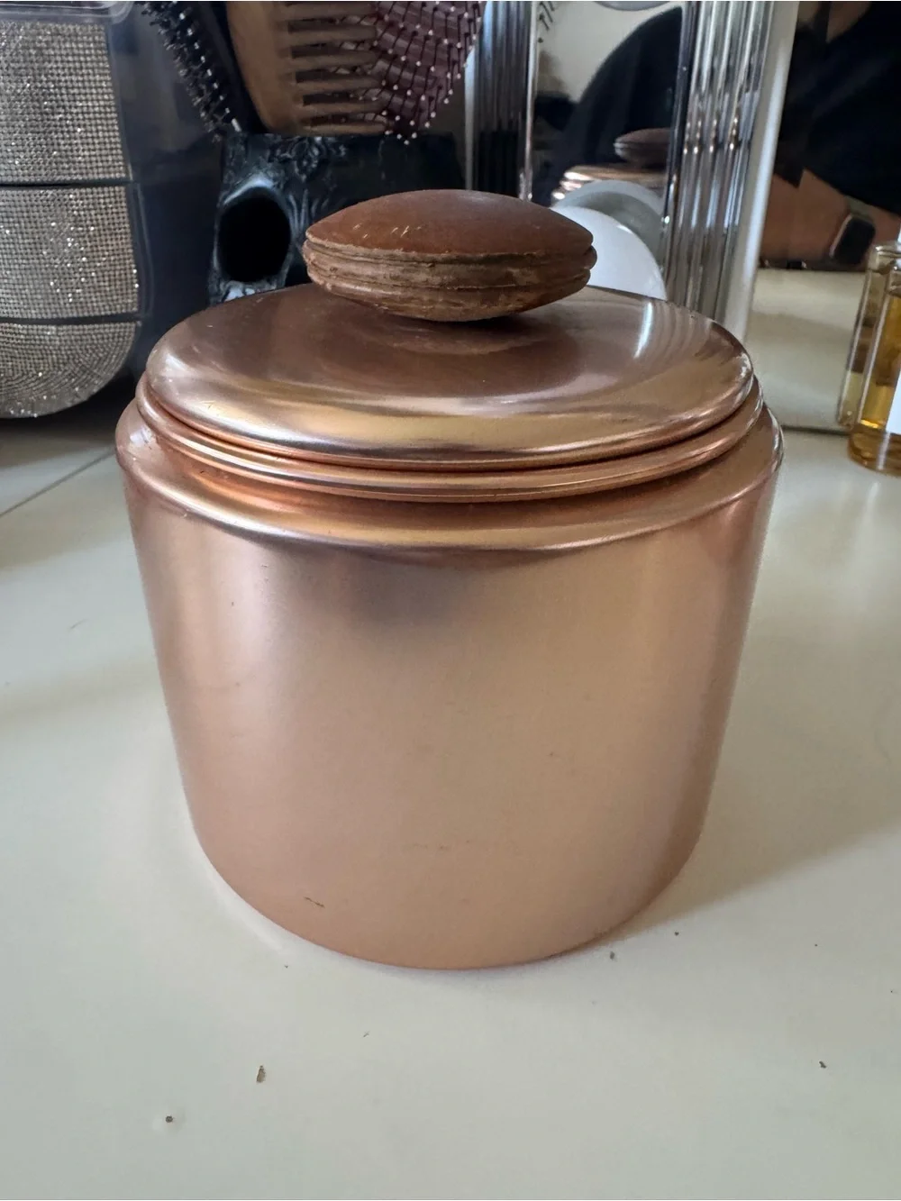 Vintage Mirro Copper Rose Gold Aluminum Canister Set 3 Wood Knob MCM USA